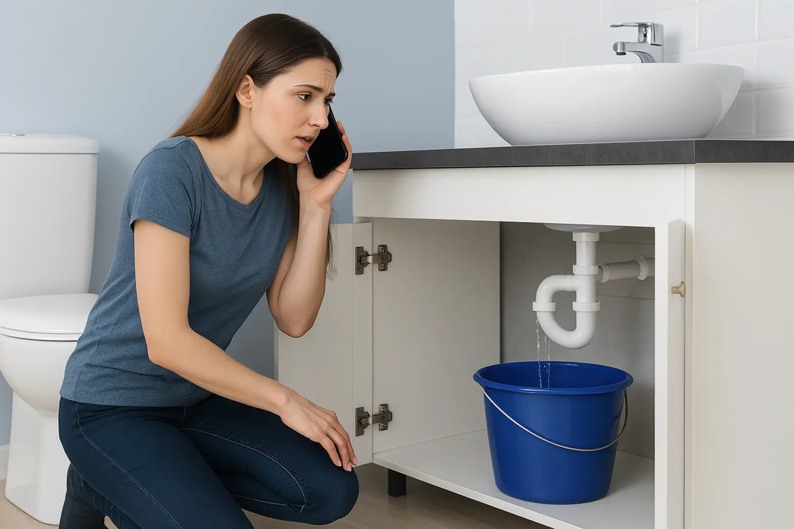 Concerned woman looking at leaking bathroom sink