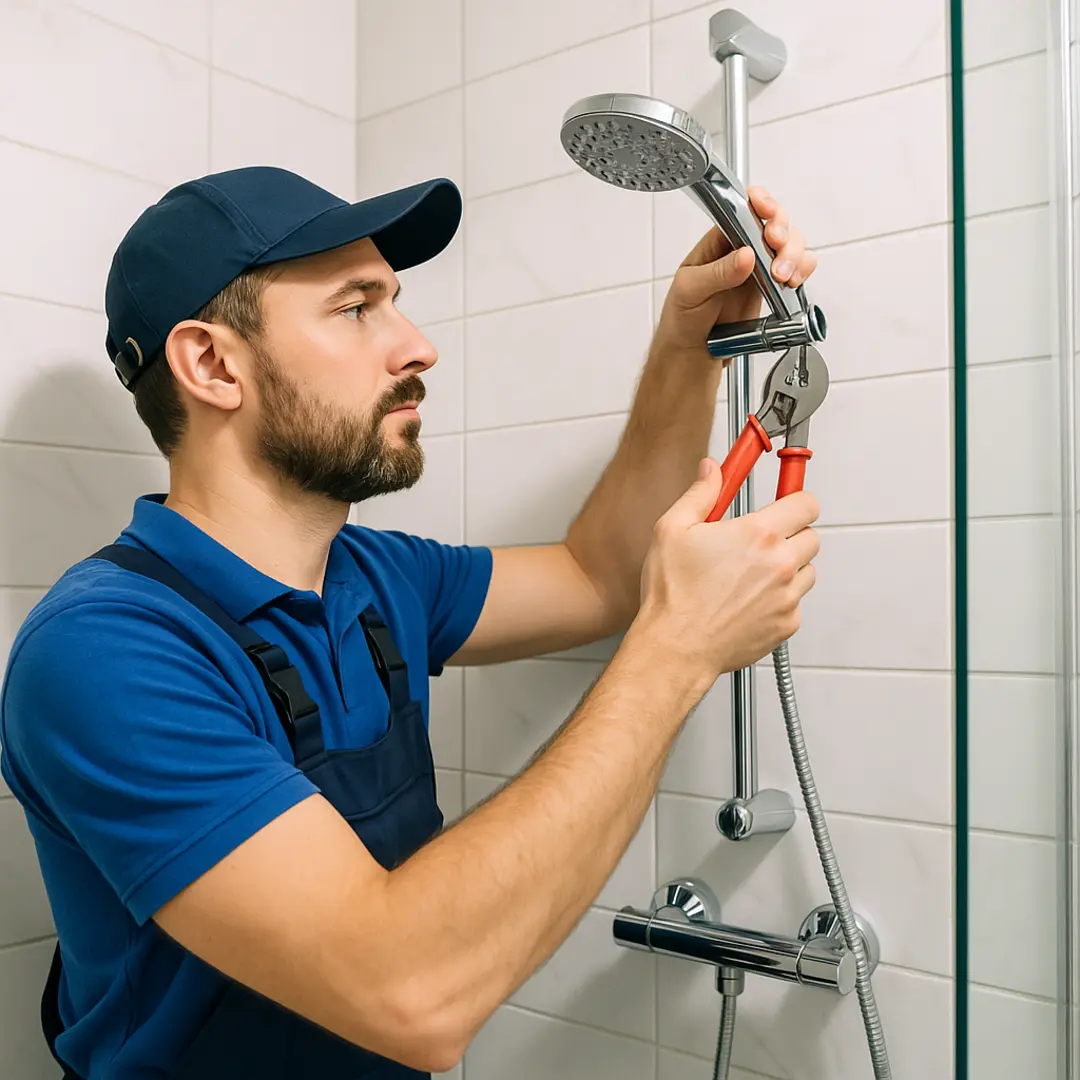 Plumber repairing shower faucet