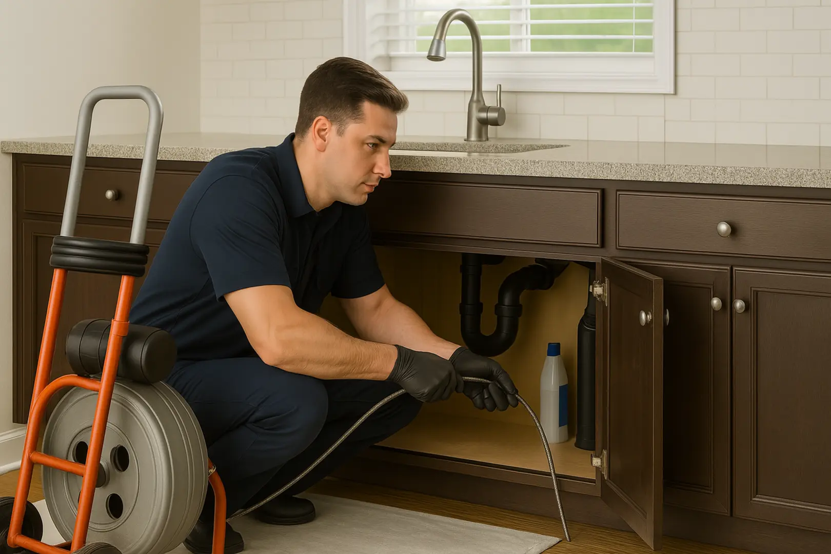 Plumber using powerflush on kitchen drain