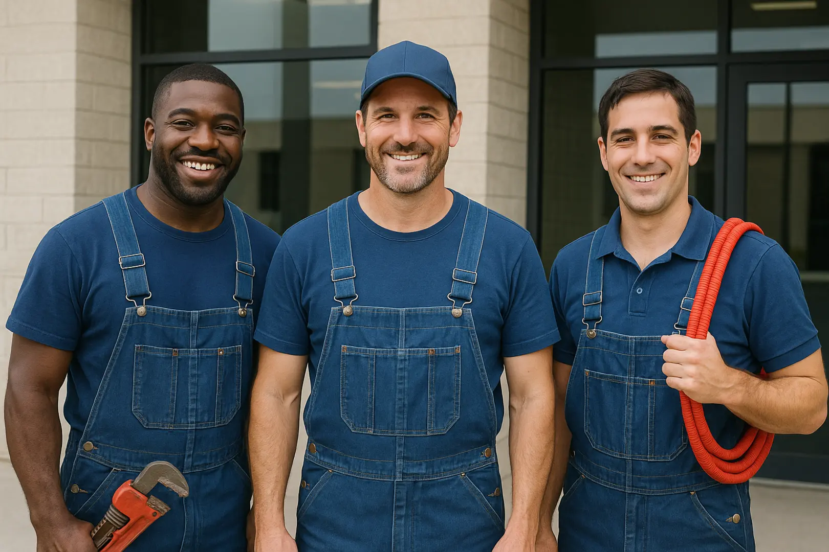 FlowBetter Plumbing Team - Three professional plumbers standing outside a building